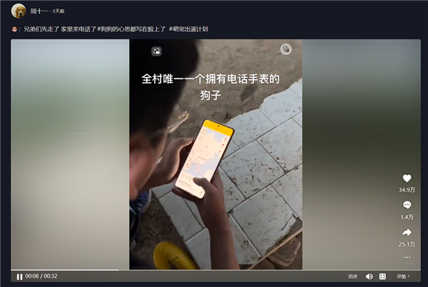 全村唯一拥有电话手表的小狗现身 网友：好玩但还是要牵好绳子