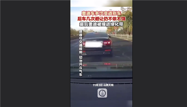 奥迪轿车恶意别车被撞进绿化带 后车多次避让仍不依不饶：网友看怒应严惩