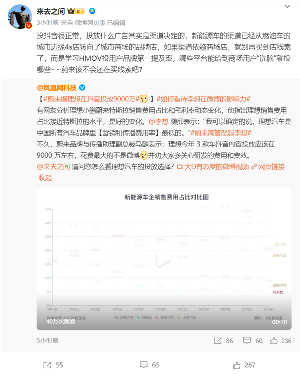 蔚来高管曝理想汽车在抖音投放9000万 微博CEO回应