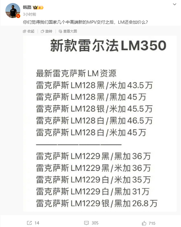 雷克萨斯LM加价加出一台宝马5系 博主：国产高端MPV交付后还会加吗