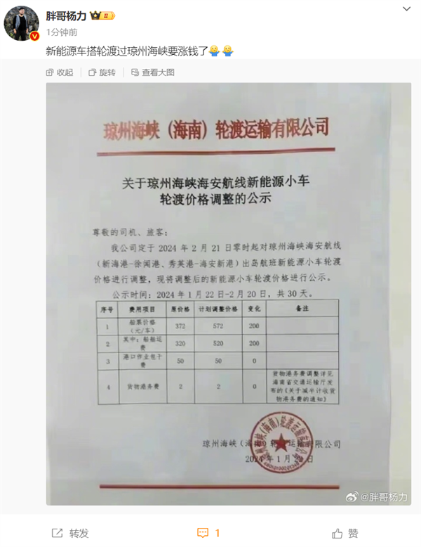 新能源车出海南岛轮渡费用将涨价200元 网友：因为不加油么