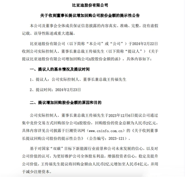 加大股票回购力度：王传福提议将回购金额增加一倍