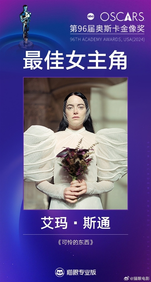 第96届奥斯卡颁奖典礼：石头姐艾玛·斯通二封影后 基里安·墨菲获影帝