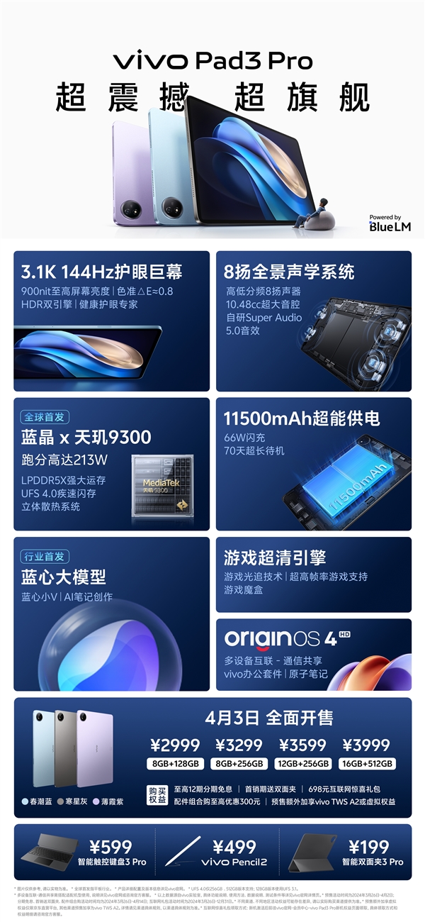 安卓板皇！vivo Pad3 Pro明天开卖：2999元起