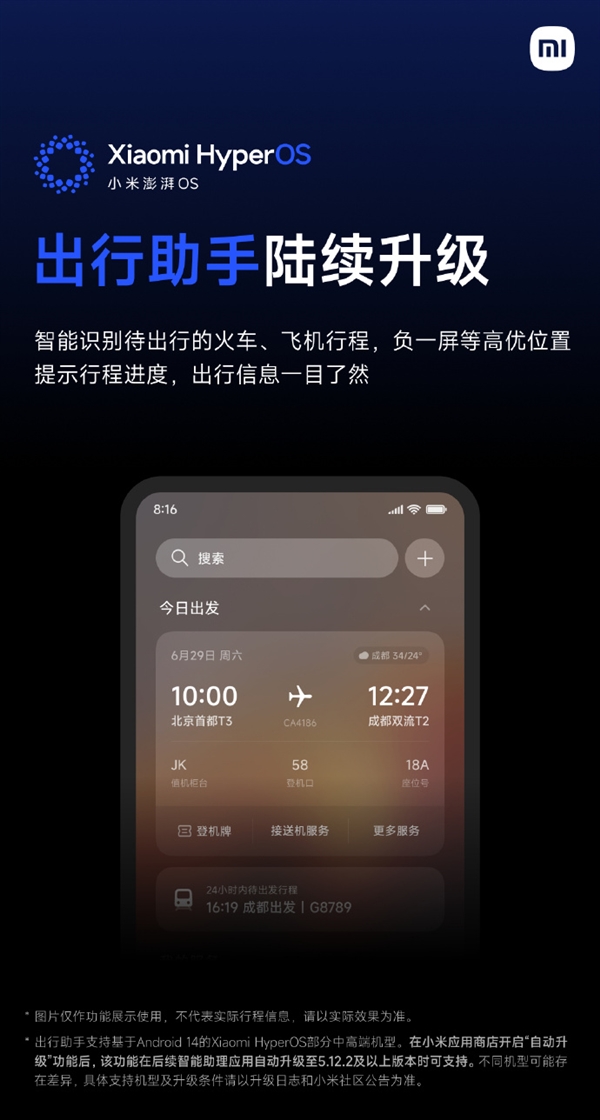 小米澎湃OS宣布升级出行助手：火车、飞机行程智能识别