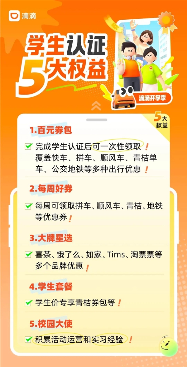 滴滴为学生送上五大福利：一次性可领百元券包 打车、地铁、火车都能用