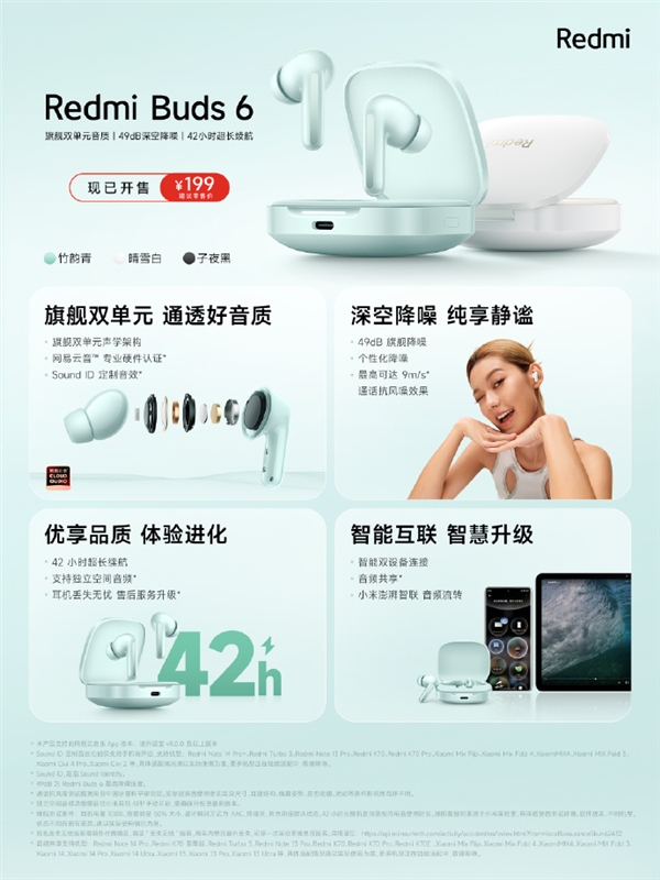 199元 Redmi Buds 6耳机发布：至高续航42小时