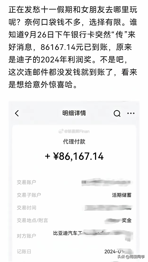 曝比亚迪突然向员工发放利润奖:有人到手10多万