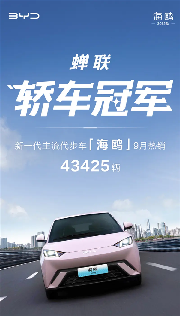 累计卖出59万辆!比亚迪海鸥9月销量43425台稳坐轿车销冠宝座