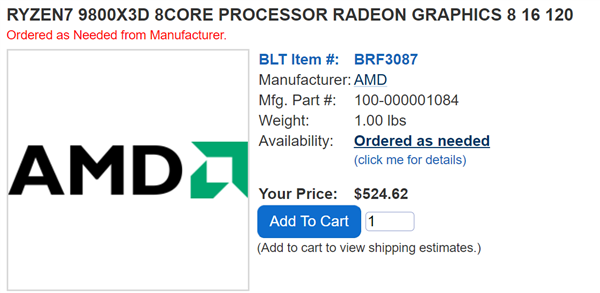 新一代游戏神U!AMD锐龙7 9800X3D价格首次泄露:484美元