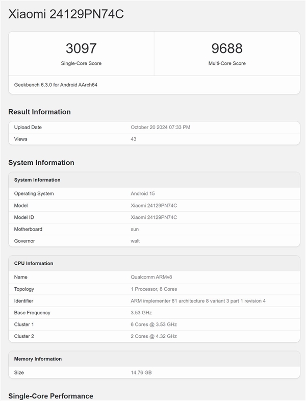 小米15现身跑分网站:多核性能超越A18 Pro