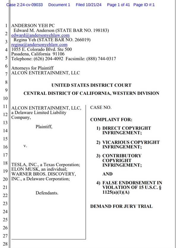银翼杀手制作公司起诉马斯克与华纳