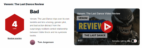 《毒液:最后一舞》IGN 4分!情节无聊、动作戏也很糟糕