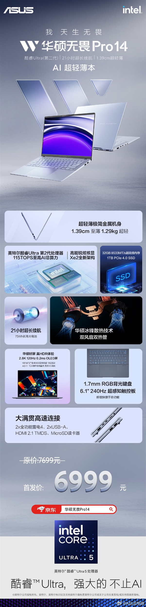 6999元起 华硕无畏Pro 14发布:二代酷睿Ultra7、机身薄至仅1.39cm