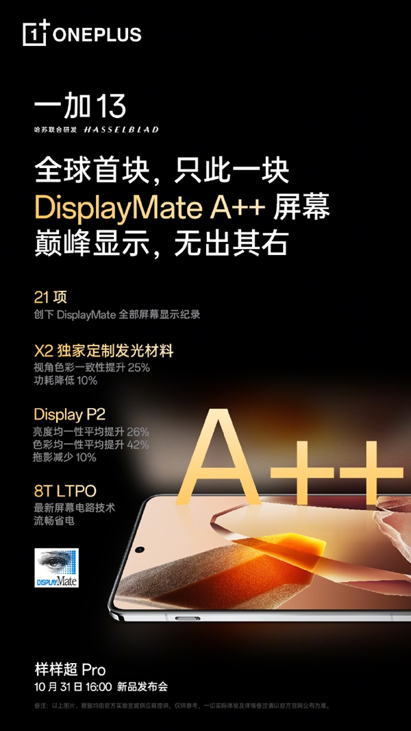 一加13全球首发第二代2K东方屏 李杰:唯一DisplayMate A++屏