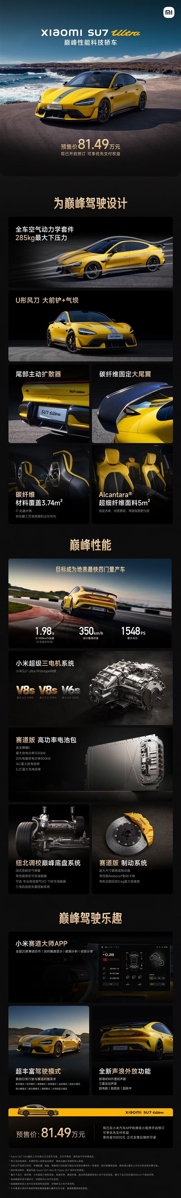 预售价81.49万元!一图看懂小米最速四门轿跑SU7 Ultra