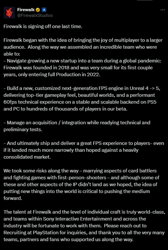 被索尼关闭!《星鸣特攻》开发商发文告别:我们的团队很优秀