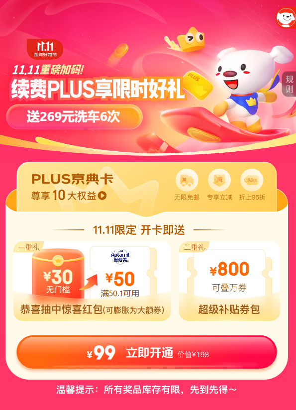 京东11.11活动:京东PLUS年卡续费仅99元 赠至高50元红包