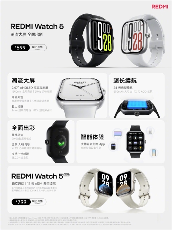 599元起 REDMI Watch 5系列发布：支持网络、蓝牙双模式对讲