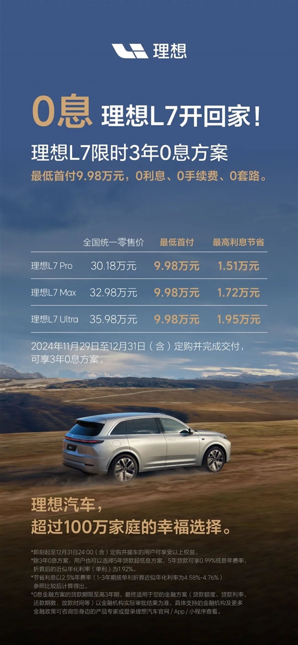 硬刚特斯拉 理想汽车推出全系限时3年0息贷：首付6.98万可提车