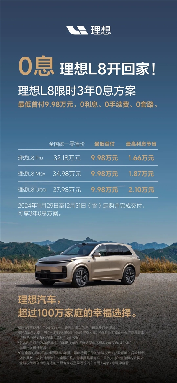硬刚特斯拉 理想汽车推出全系限时3年0息贷：首付6.98万可提车